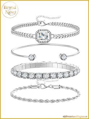 4 Pcs Silver Bracelets Set for Women 14K Plated Link Charm Stackable Dainty